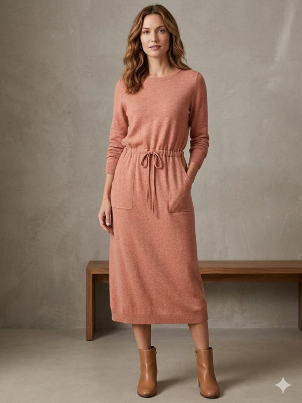 Pure Jill Women Size Medium Soft Red Clay Heather Drawstring Waist Sweater Dress